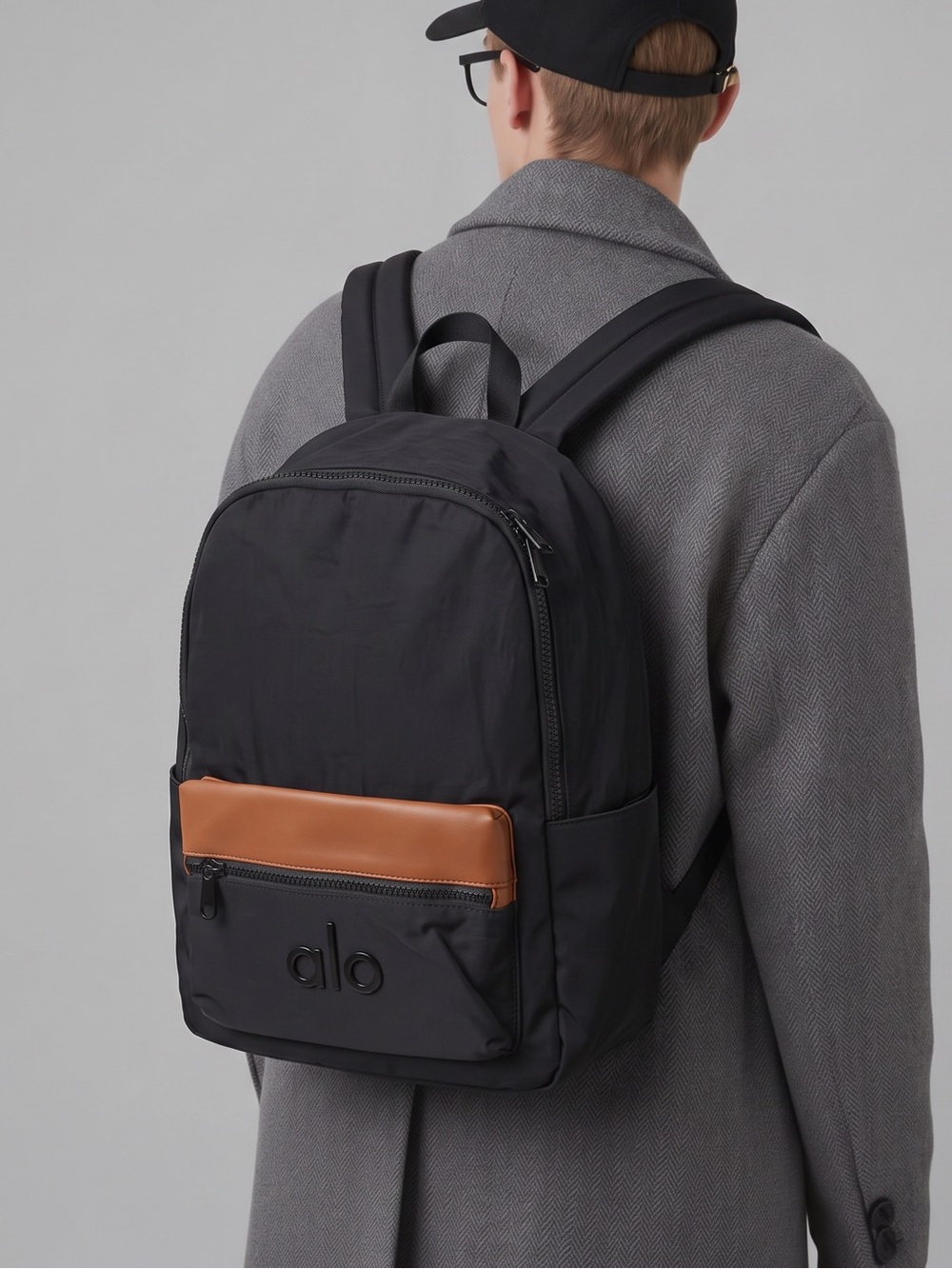 ALO Yoga Black Backpack with Brown Front Accent